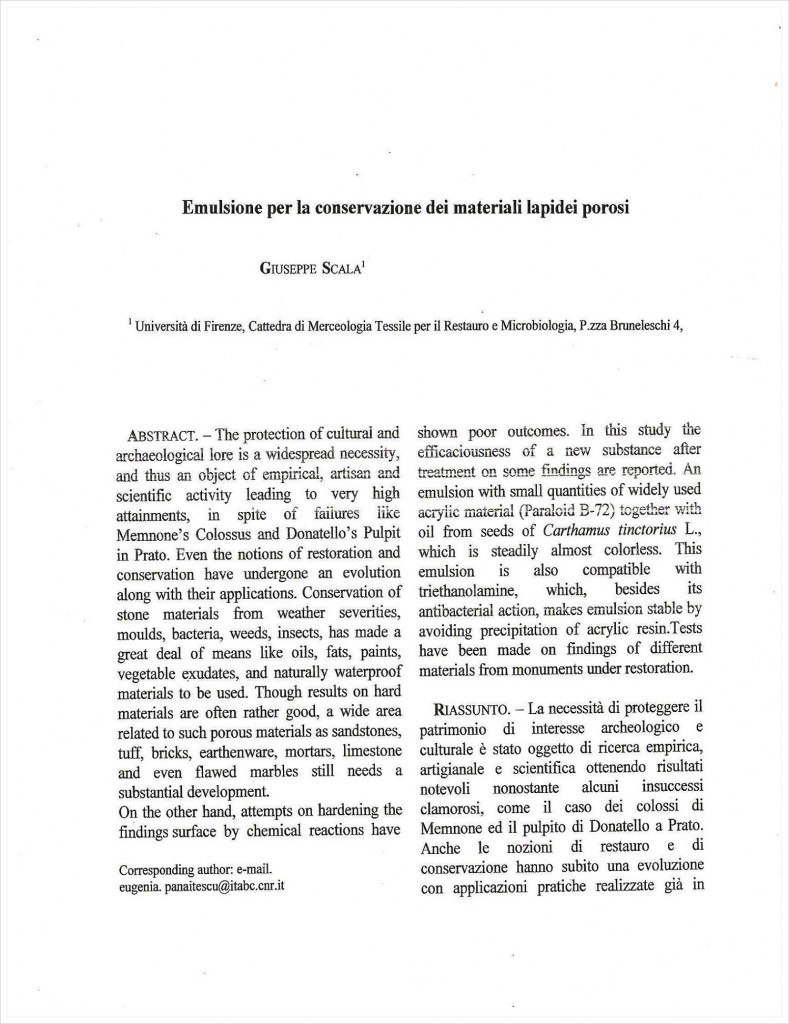 Emulsione per la conservazione dei materali lapidei porosi (1) di G. Scala